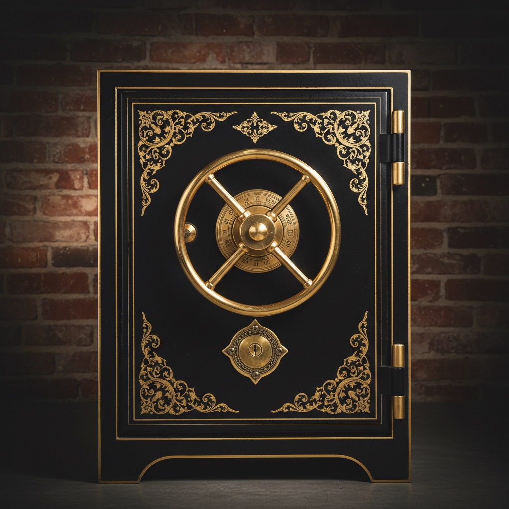 Antiker schwarz-goldener Tresor mit Ornamenten vor einer Backsteinwand